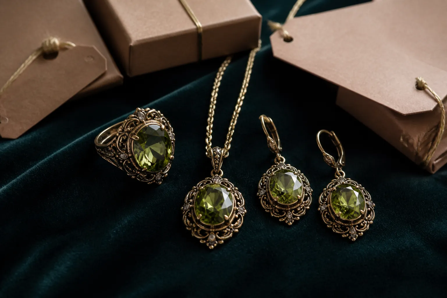 antiker schmuck - Flat-Lay-Aufnahme eines modernen Vintage-Schmuck-Sets mit grünen Kristallsteinen auf dunklem Samt – Großhandelsverpackung mit Etiketten sichtbar im Hintergrund