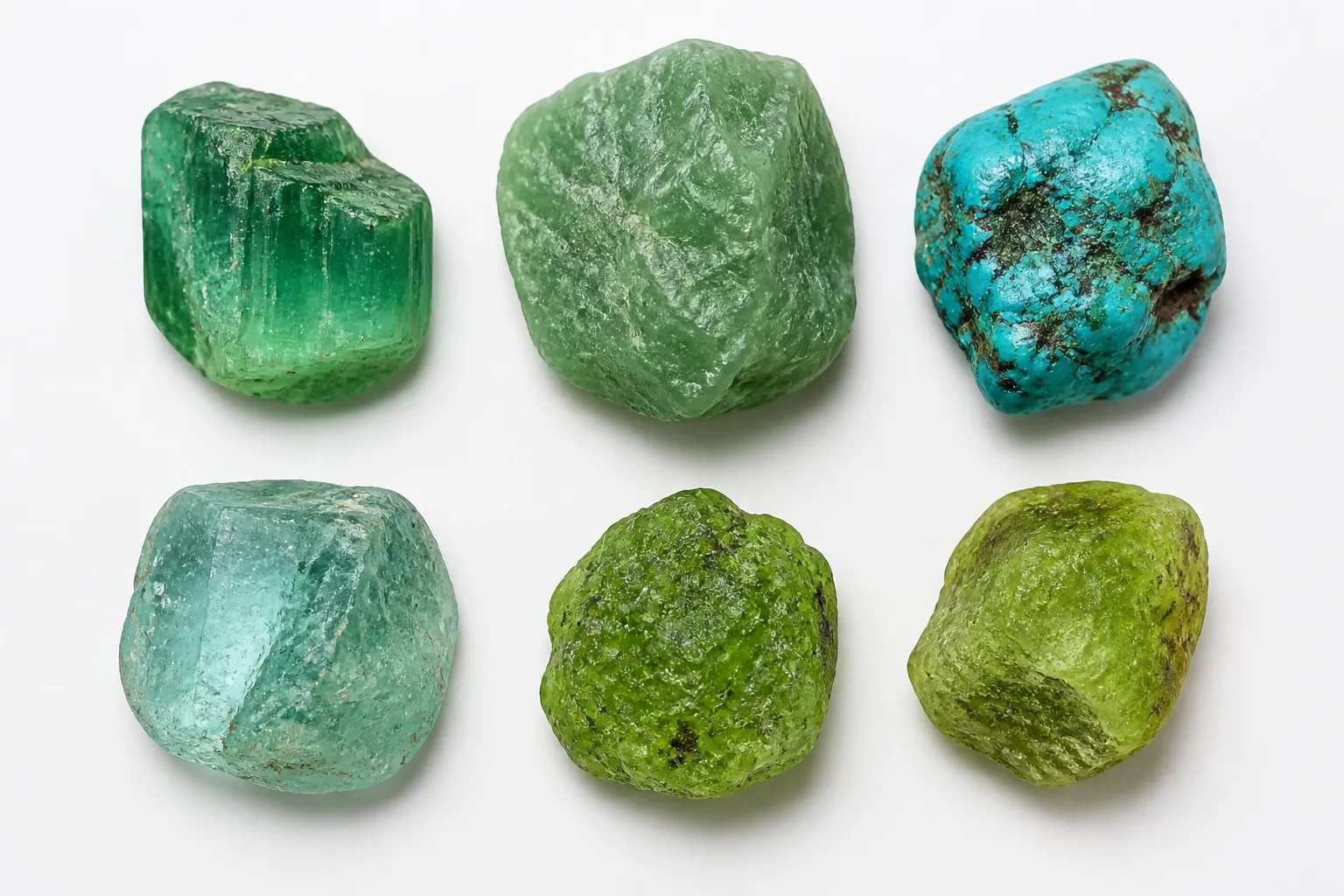 esmeralda piedra - Foto comparativa de seis piedras verdes en bruto sobre superficie blanca: esmeralda, jade, turquesa, aguamarina, granate tsavorita y peridoto — con etiquetas que indican el nombre de cada piedra y su dureza Mohs