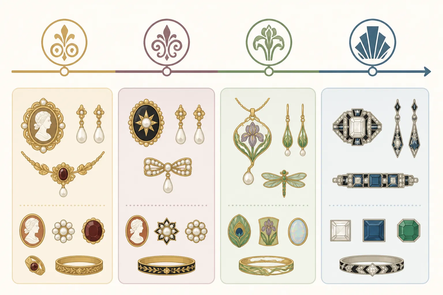 antiker schmuck - Informatives Zeitstrahl-Diagramm der Schmuckepochen – Georgianisch (1714–1837), Viktorianisch (1837–1901), Art Nouveau, Art Déco bis 1950 – mit typischen Materialien und Designmerkmalen je Epoche