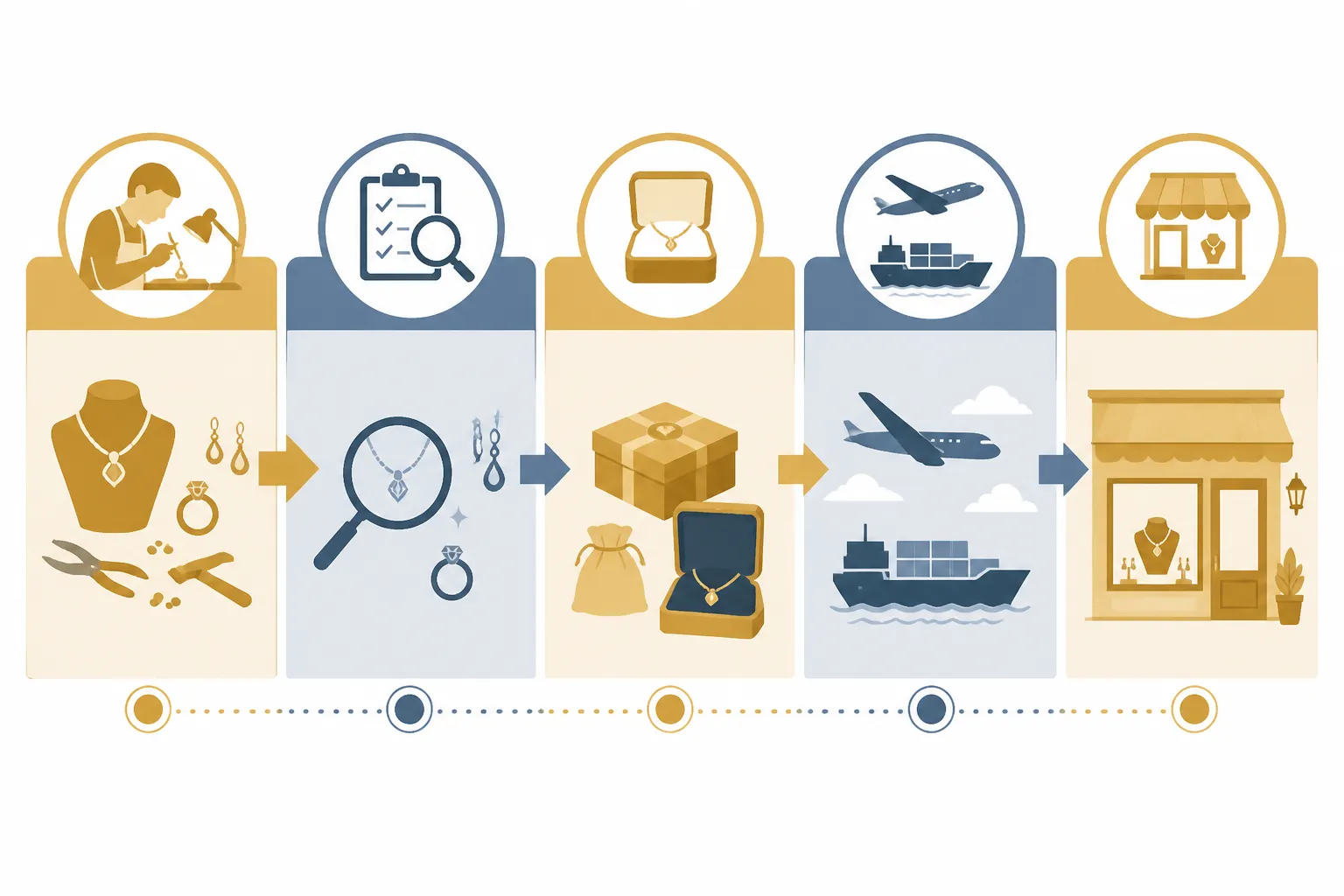 belize bijoux - Schéma de la chaîne d'approvisionnement bijoux fantaisie cross-border — de l'atelier chinois (Hangzhou) au revendeur européen — avec les étapes QC, conditionnement, modes d'expédition air/mer/express et points de contact SAV multilingue