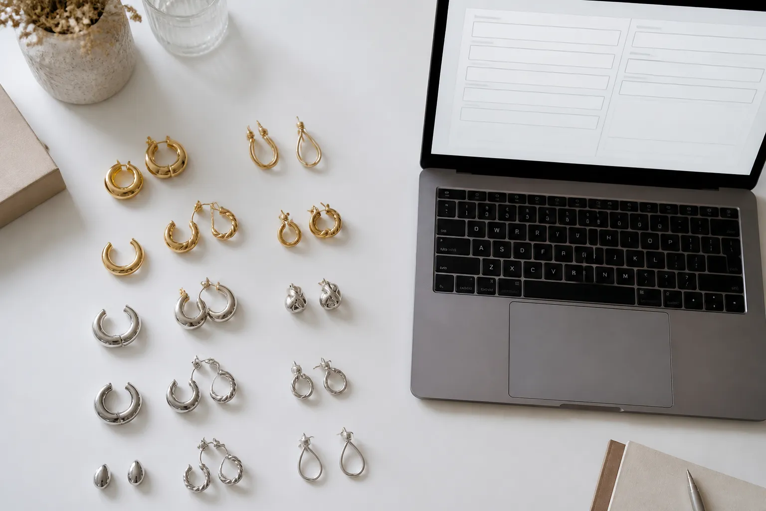 custom jewelry - Editorial photo of a B2B sourcing setup — physical samples of gold-plated and rhodium-plated earrings arranged on a light surface next to a laptop open to a quote request form, representing the procurement evaluation moment before reaching out to an OEM supplier