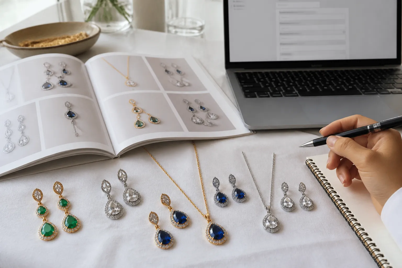 belize bijoux - Photo éditoriale d'un espace de travail d'acheteur bijoux B2B — échantillons de boucles d'oreilles pendantes et de sets collier-boucles disposés sur un tissu blanc, catalogue fournisseur ouvert, écran affichant un formulaire de demande de devis
