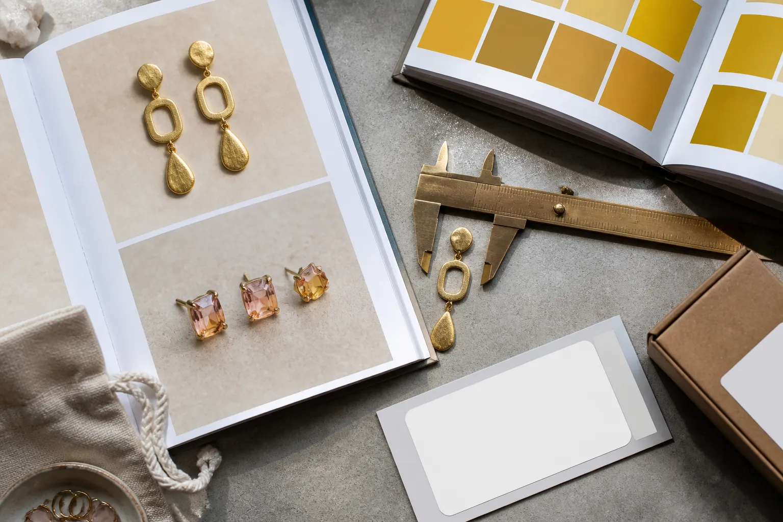 كيف اسوق منتج - Photorealistic top-down shot of a professional jewelry sourcing workspace, featuring an open catalog displaying gold-plated copper drop earrings and gradient crystal stud earrings, alongside a brass caliper measuring earring length, a Pantone color swatch book, and a shipping label prototype, natural window lighting highlighting metal textures