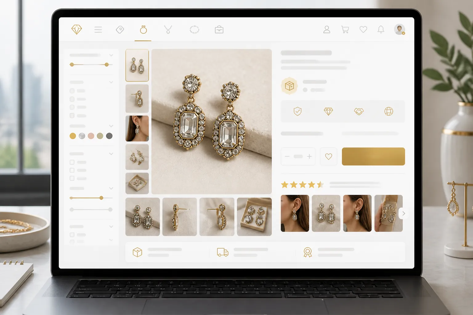 كيف اسوق منتج - Annotated UI mockup of a B2B jewelry wholesale platform interface on a laptop screen, showing a product detail page for 'Vintage Gradient Crystal Earrings', sidebar navigation with category filters, central high-res product image gallery, visible 'MOQ: 12 pcs' badge, star rating section with customer photos, and prominent 'Request Quote' button in gold accent color, soft office daylight reflection