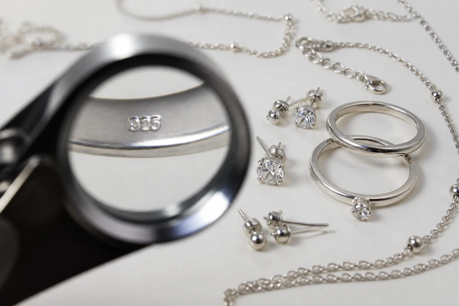 schmuck 925 silber - Nahaufnahme verschiedener 925 Silber Schmuckstücke — Ohrringe, Ringe und Ketten auf weißem Hintergrund, mit sichtbarem 925-Stempel unter der Lupe