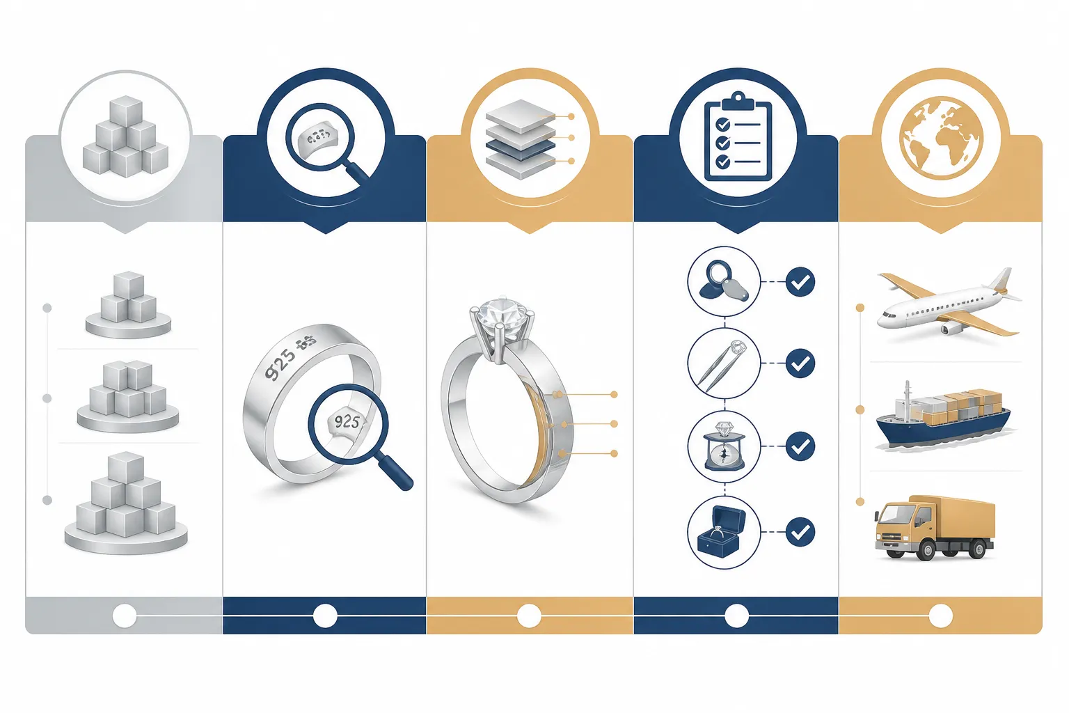 schmuck 925 silber - Infografik mit den wichtigsten Kriterien beim Kauf von 925 Silberschmuck — MOQ, Stempelprüfung, Rhodinierung, QC-Prozess und Versandoptionen als visuelle Übersicht