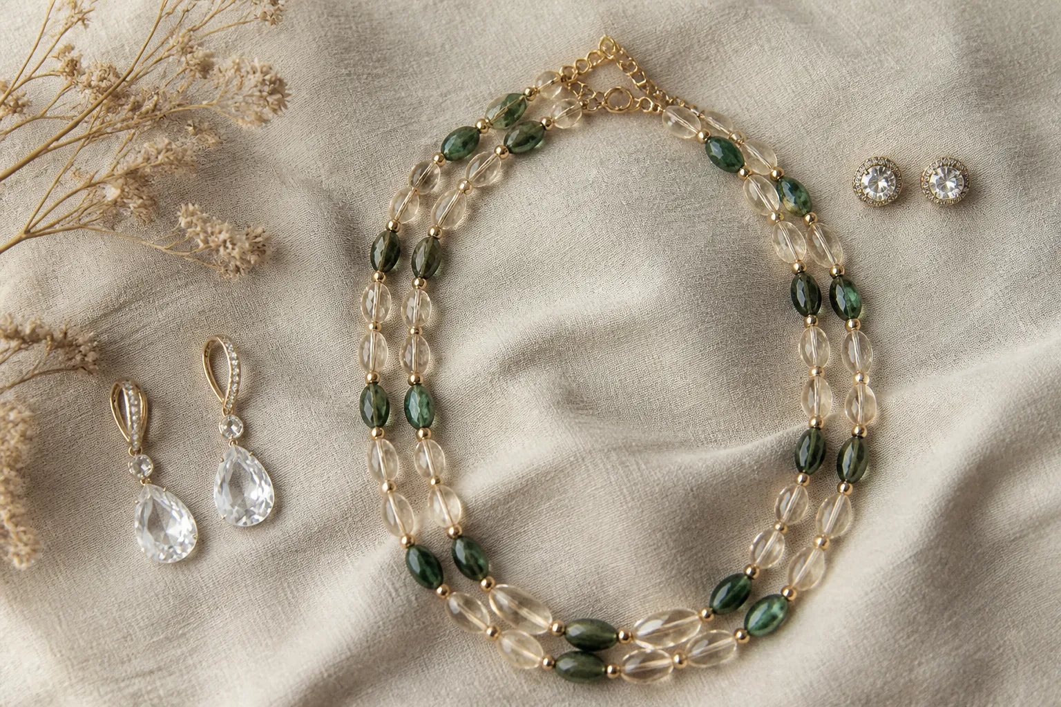 custom jewelry - Photorealistic editorial flat-lay showing fashion jewelry alternatives — crystal drop earrings, two-tone glass bead necklace sets, and rhinestone studs arranged on a neutral linen surface, representing the stock catalog model as a practical alternative to custom manufacturing
