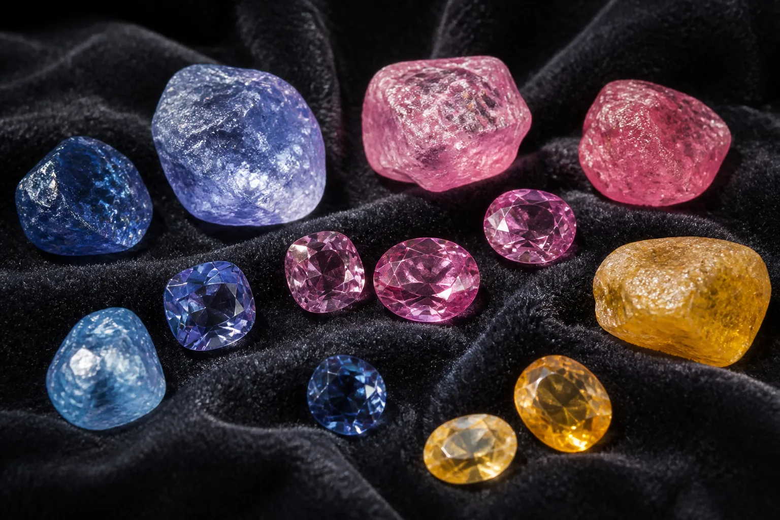 zafiro piedra - Fotografía editorial de zafiros naturales en bruto y tallados en diferentes colores —azul, rosa y amarillo— sobre una superficie de terciopelo oscuro, mostrando variaciones tonales y transparencia entre ejemplares