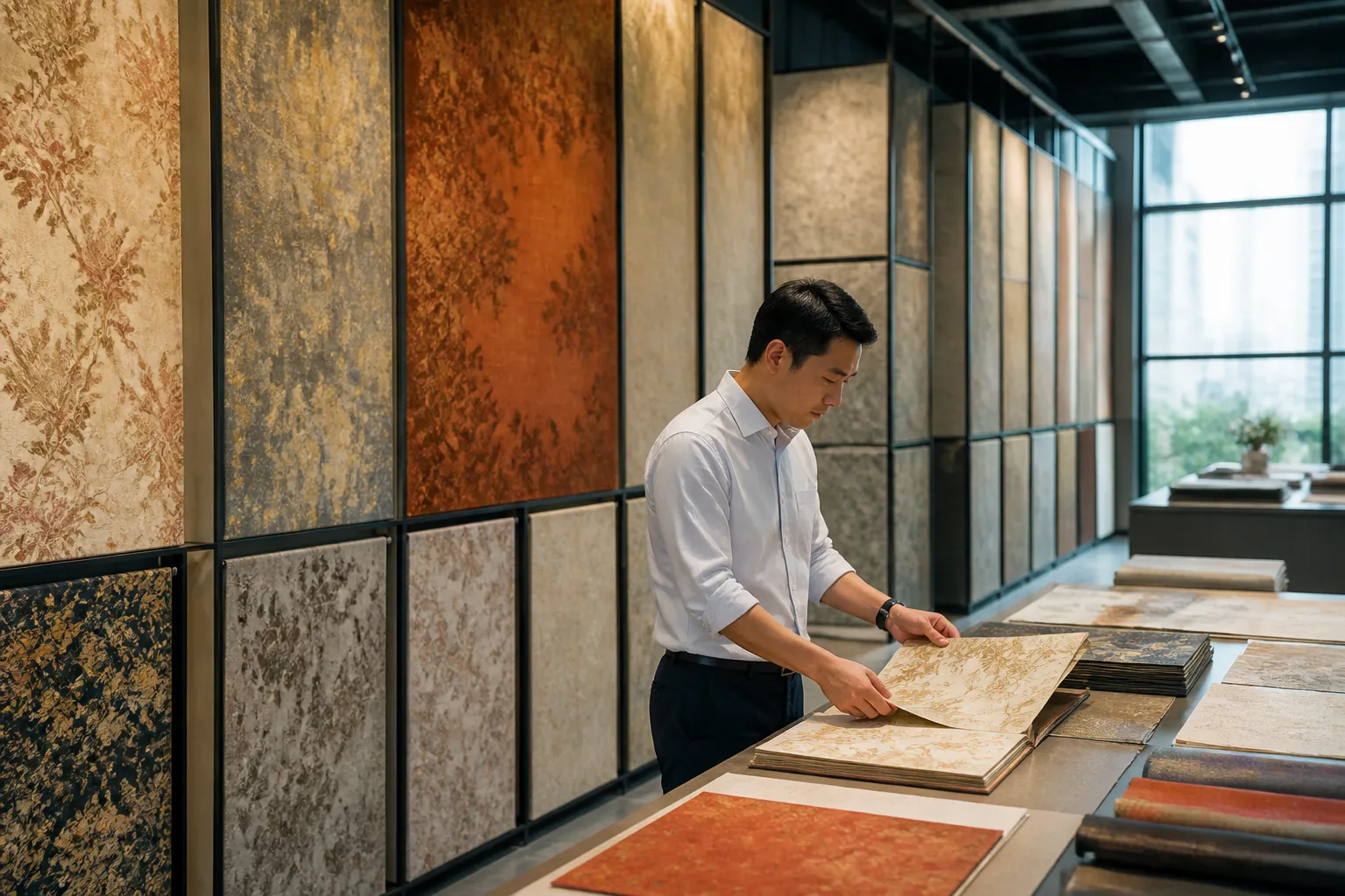 شراء ورق جدران من الصين - Photorealistic documentary-style photograph of a large Chinese manufacturing showroom displaying floor-to-ceiling panels of wallpaper samples in warm golden, terracotta and neutral tones, with a procurement manager in business casual attire reviewing material swatches at a central display table, natural daylight from tall industrial windows, shallow depth of field, no text overlays