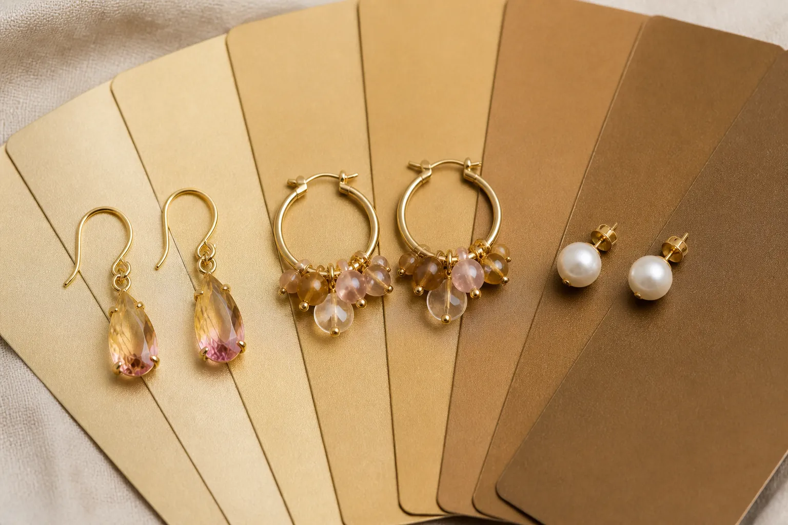 bijoux or - Photo éditoriale montrant trois paires de boucles d'oreilles STRAND (gradient crystal, two-tone glass bead, faux pearl) disposées sur un nuancier Pantone or, illustrant la variété des finitions plaquées or disponibles en OEM