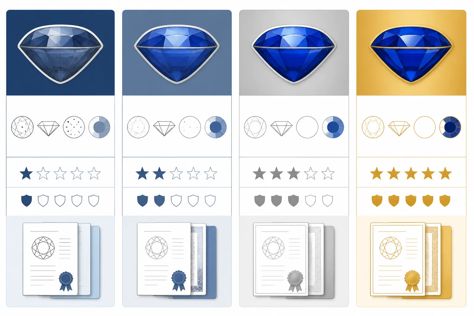 zafiro piedra - Diagrama comparativo con cuatro columnas representando los tiers de zafiro piedra —desde sintético hasta natural premium— mostrando características clave, documentación requerida y uso típico en joyería de moda, plata y joyería fina