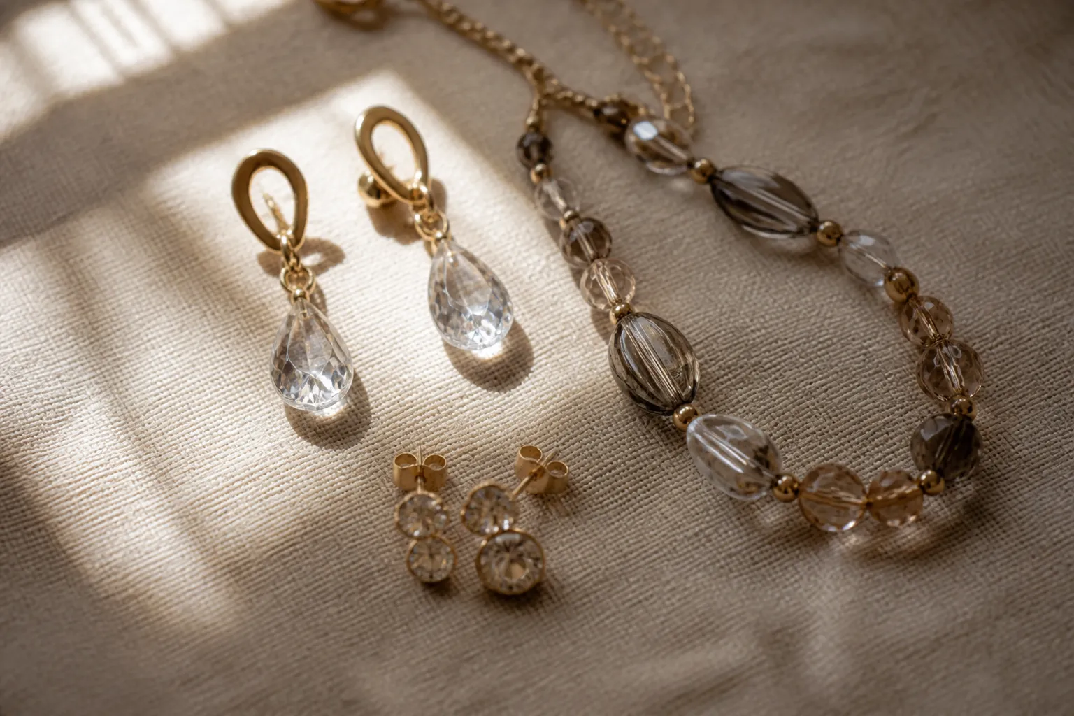 شراء ورق جدران من الصين - Editorial close-up flat-lay photograph of an assortment of fashion jewelry pieces arranged on warm sand-colored linen fabric — vintage-style crystal drop earrings, rhinestone studs, a two-tone glass bead necklace-and-earring set — gold-plated and rhodium-plated copper pieces, soft diffused natural window light from the upper left, shallow depth of field, no text overlays, authentic product documentary feel