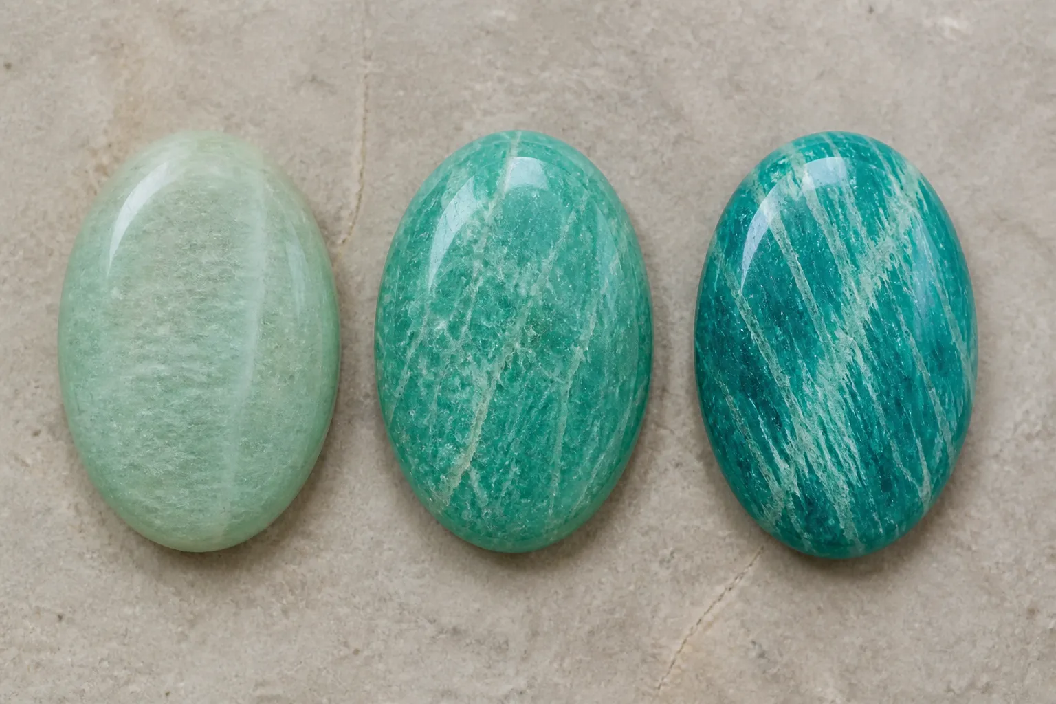 piedra amazonita - Comparativa visual de tres calidades de amazonita —estándar, seleccionada y premium— mostrando diferencias en intensidad de color, veteado y acabado de la piedra tallada en cabujón oval.