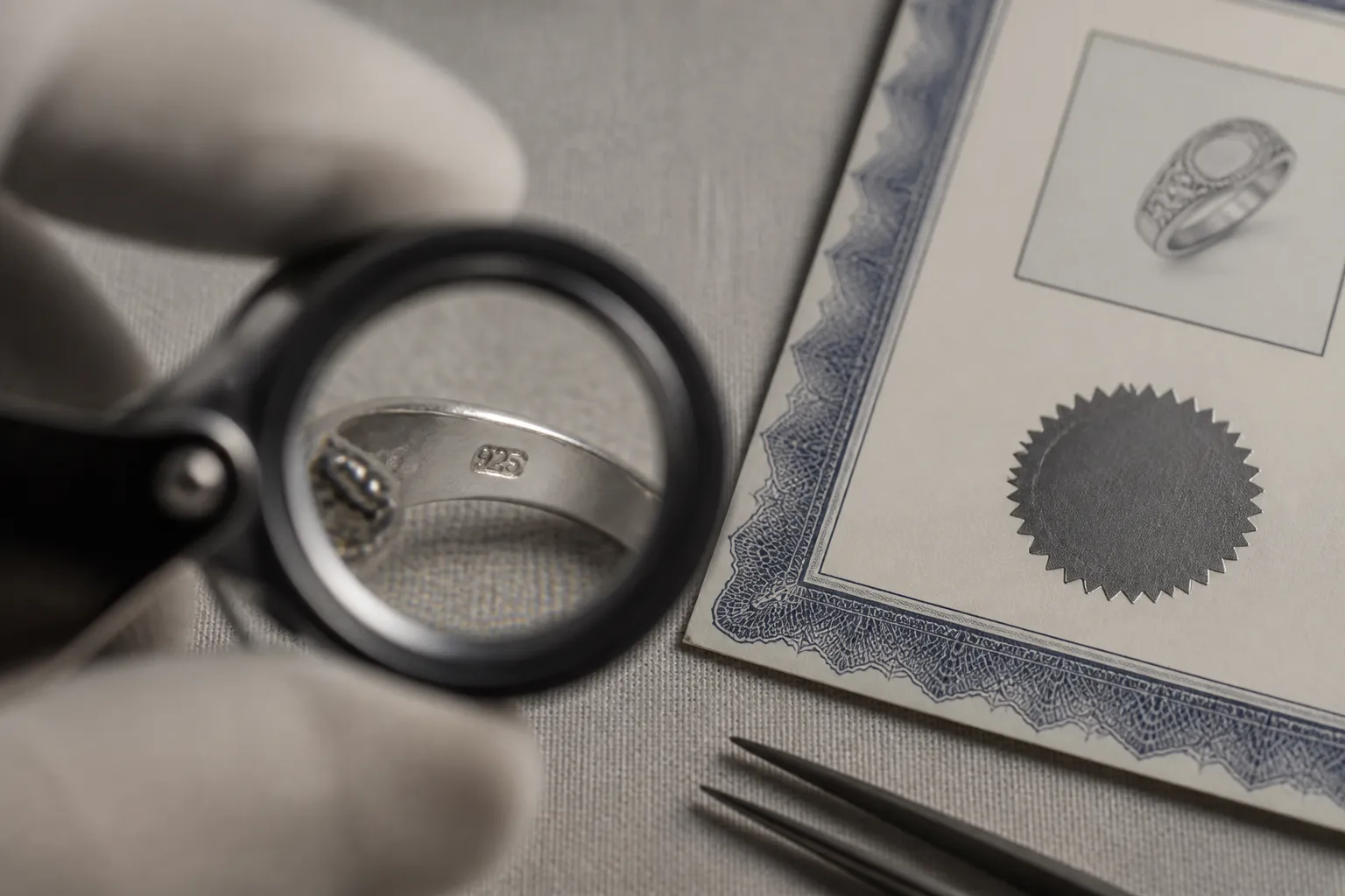 was ist sterling silber - Nahaufnahme eines 925-Stempels auf einem Silberring unter Lupe, daneben ein Prüfzertifikat — verdeutlicht die Echtheitsprüfung bei Silberschmuck