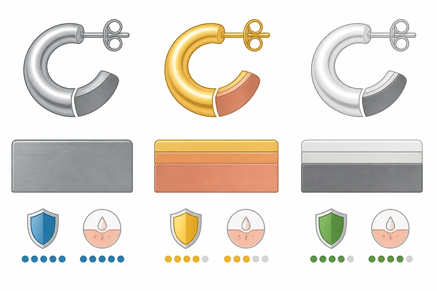 boucles d'oreilles acier inoxydable - Side-by-side cross-section diagram comparing stainless steel 316L, gold-plated copper, and sterling silver 925 — with labeled material layers, typical thickness values for the plating, and icons indicating corrosion resistance level and skin-contact safety rating