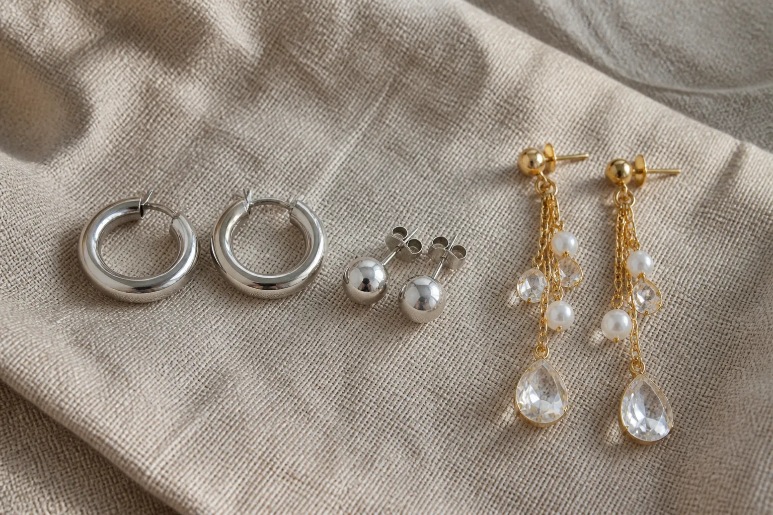 boucles d'oreilles acier inoxydable - Editorial flat-lay of a B2B jewelry catalog spread showing stainless steel basics alongside gold-plated copper drop earrings with crystal and pearl details, arranged to visually contrast material finish quality side-by-side on a neutral linen background