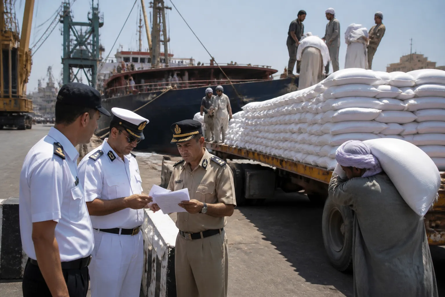شركات استيراد السكر البرازيلي في مصر - Photorealistic wide shot of a busy commercial port scene showing bulk sugar bags being unloaded from a cargo ship onto trucks, with Egyptian customs officials in uniform inspecting documents in the foreground, bright natural daylight, documentary photography style capturing industrial scale and logistics workflow