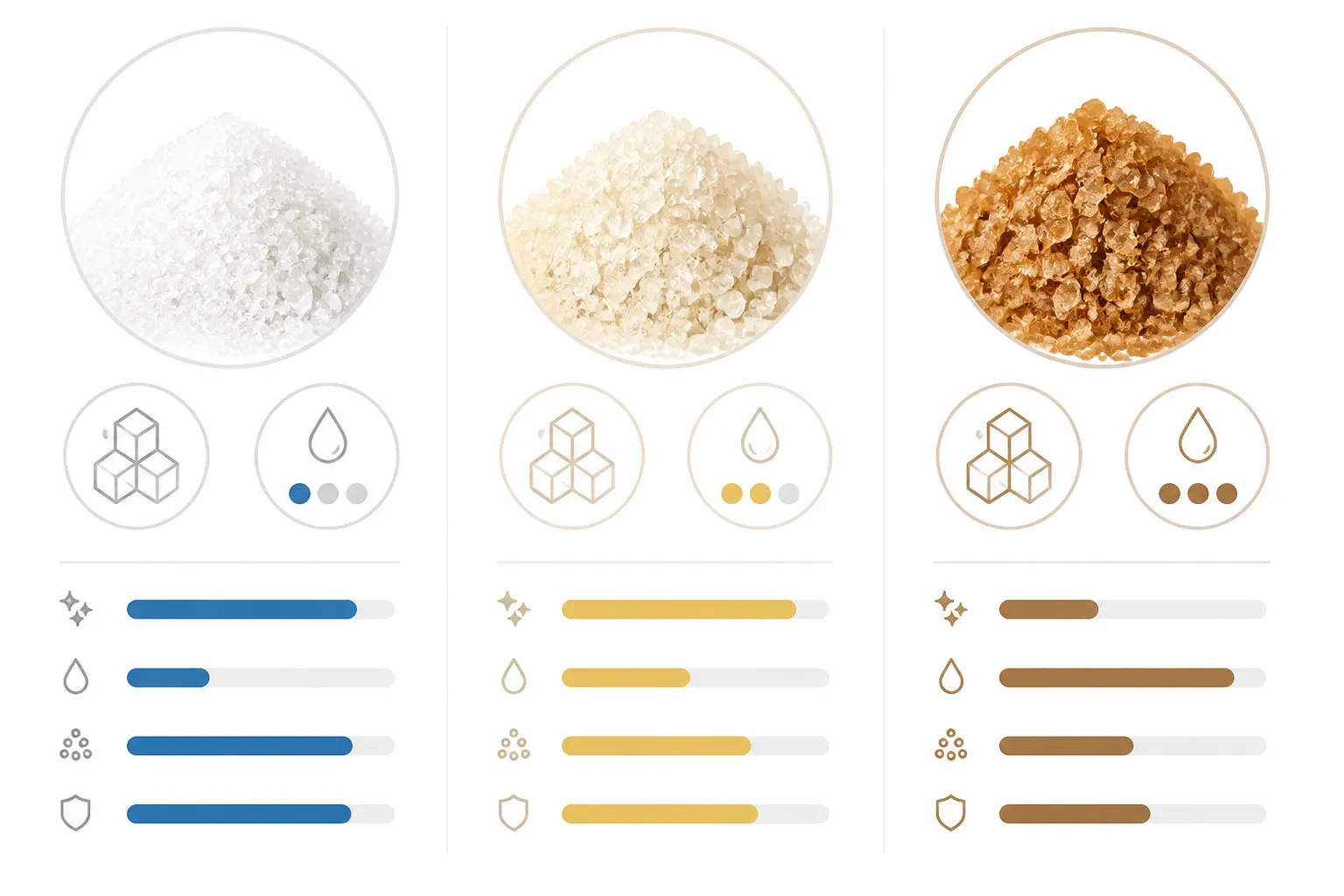 شركات استيراد السكر البرازيلي في مصر - Clean flat-design infographic comparing three types of Brazilian sugar standards (ICUMSA 45, 150, and 600-1200) using distinct color zones (white, off-white, brown), displaying key metrics like moisture, ash content, and polarization in Arabic typography, simple icons representing purity levels, white background for clarity