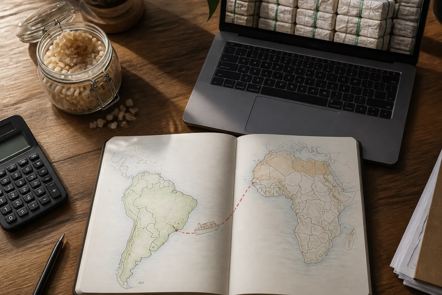 شركات استيراد السكر البرازيلي في مصر - Editorial conceptual photo of a wooden desk workspace featuring an open notebook with hand-drawn shipping route map between Brazil and Egypt, a calculator, sample sugar crystals in a glass jar, and a laptop showing a trade contract document, warm natural window light casting soft shadows, authentic procurement environment