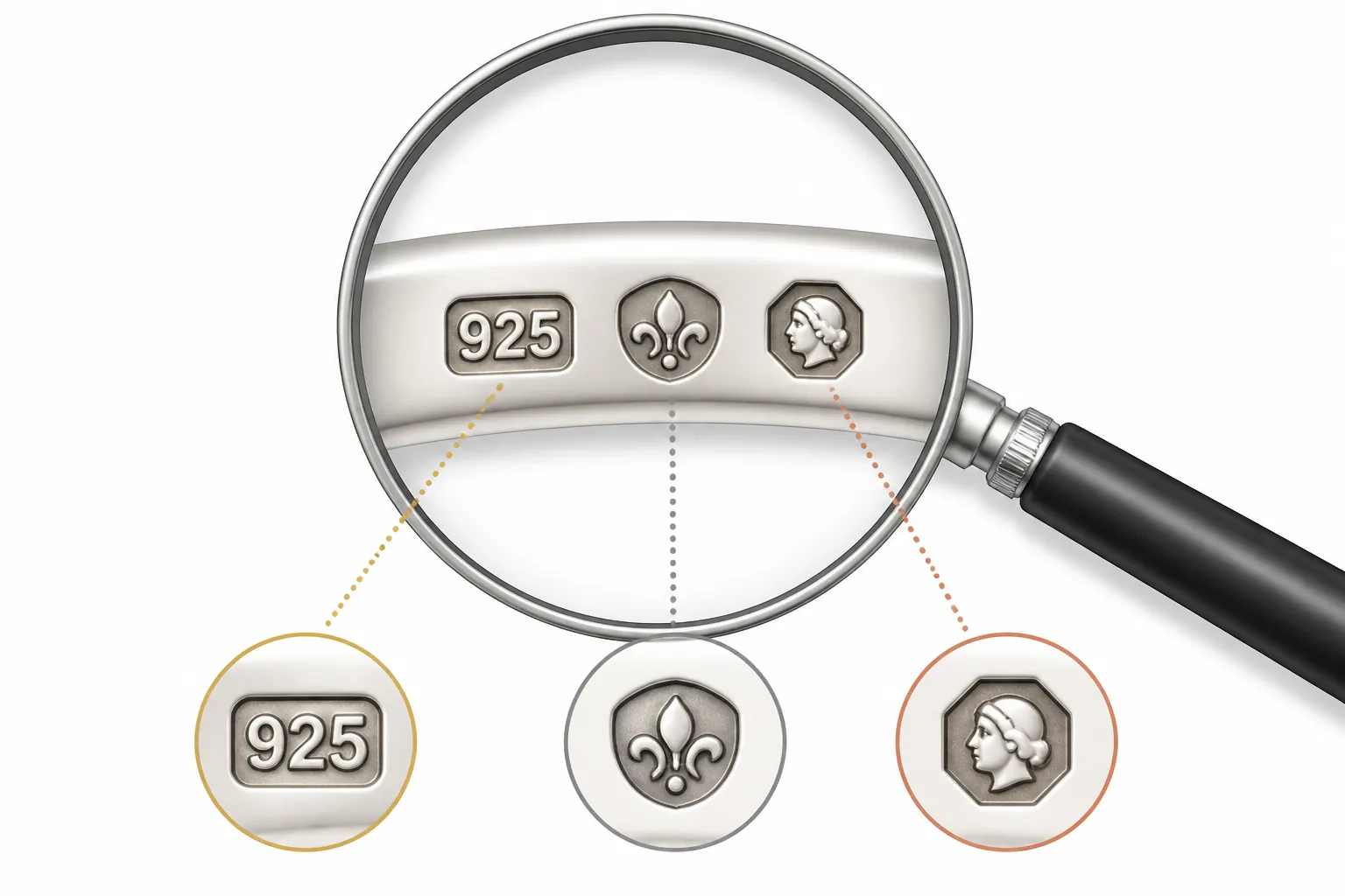 echt silber schmuck - Annotiertes Diagramm eines Silberschmuck-Qualitätsstempels (925-Punze) unter Vergrößerungsglas, mit Beschriftungen für Silberanteil, Herstellermarke und Prüfzeichen — informativ für Einkäufer, die Echtheit prüfen müssen