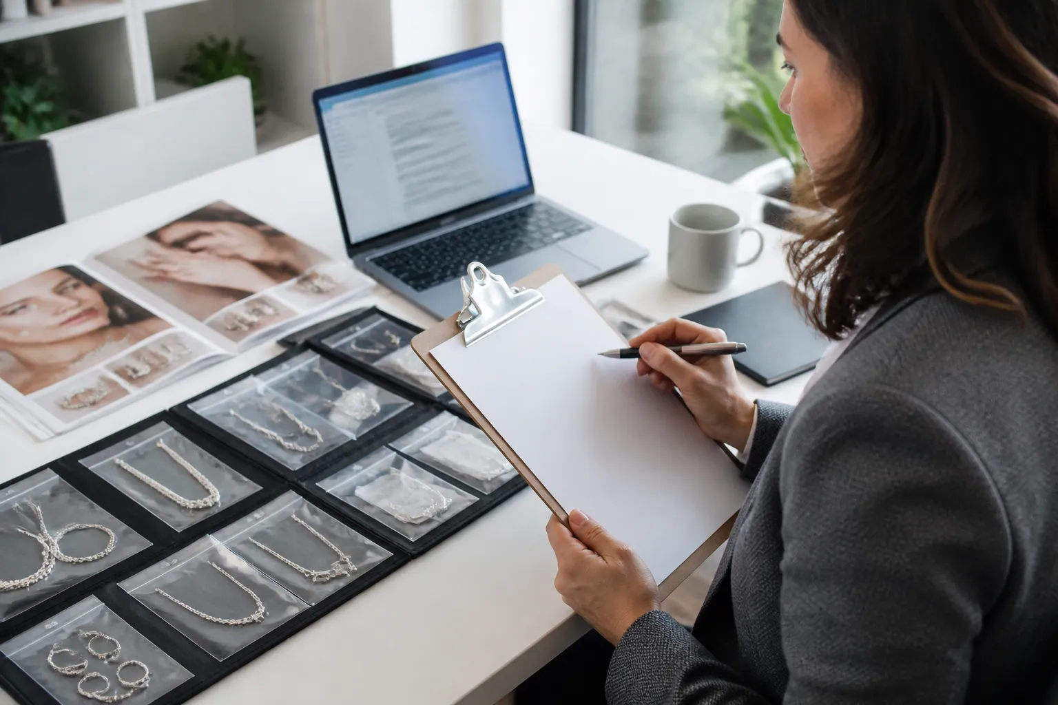 echt silber schmuck - Editorialfoto einer Beschaffungsteam-Situation: Person mit Klemmbrett prüft Schmuck-Musterpackungen auf einem Bürotisch, im Hintergrund Katalogseiten und ein Laptop mit einer Lieferantenanfrage — vermittelt professionellen B2B-Einkaufskontext