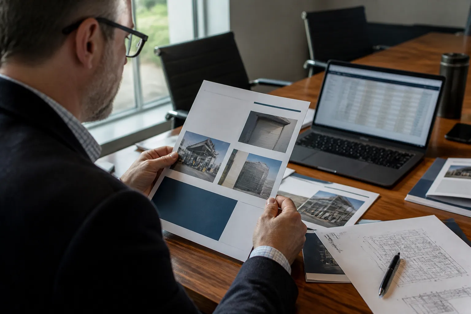 b2b sales examples - Photorealistic over-the-shoulder documentary shot of a procurement manager reviewing a B2B sales proposal printout on a conference table, printed spec sheets and a laptop with a supplier comparison spreadsheet visible, natural window light from the left, shallow depth of field on the document, authentic office environment