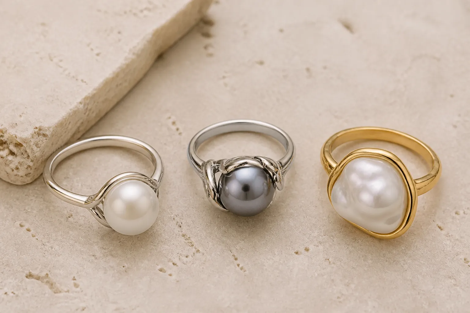 anillo perla - Comparación editorial de tres anillos perla representando distintos segmentos de precio: bisutería de moda con perla de vidrio blanca, anillo chapado en plata con perla cultivada gris, y anillo de oro de 18 quilates con perla barroca natural