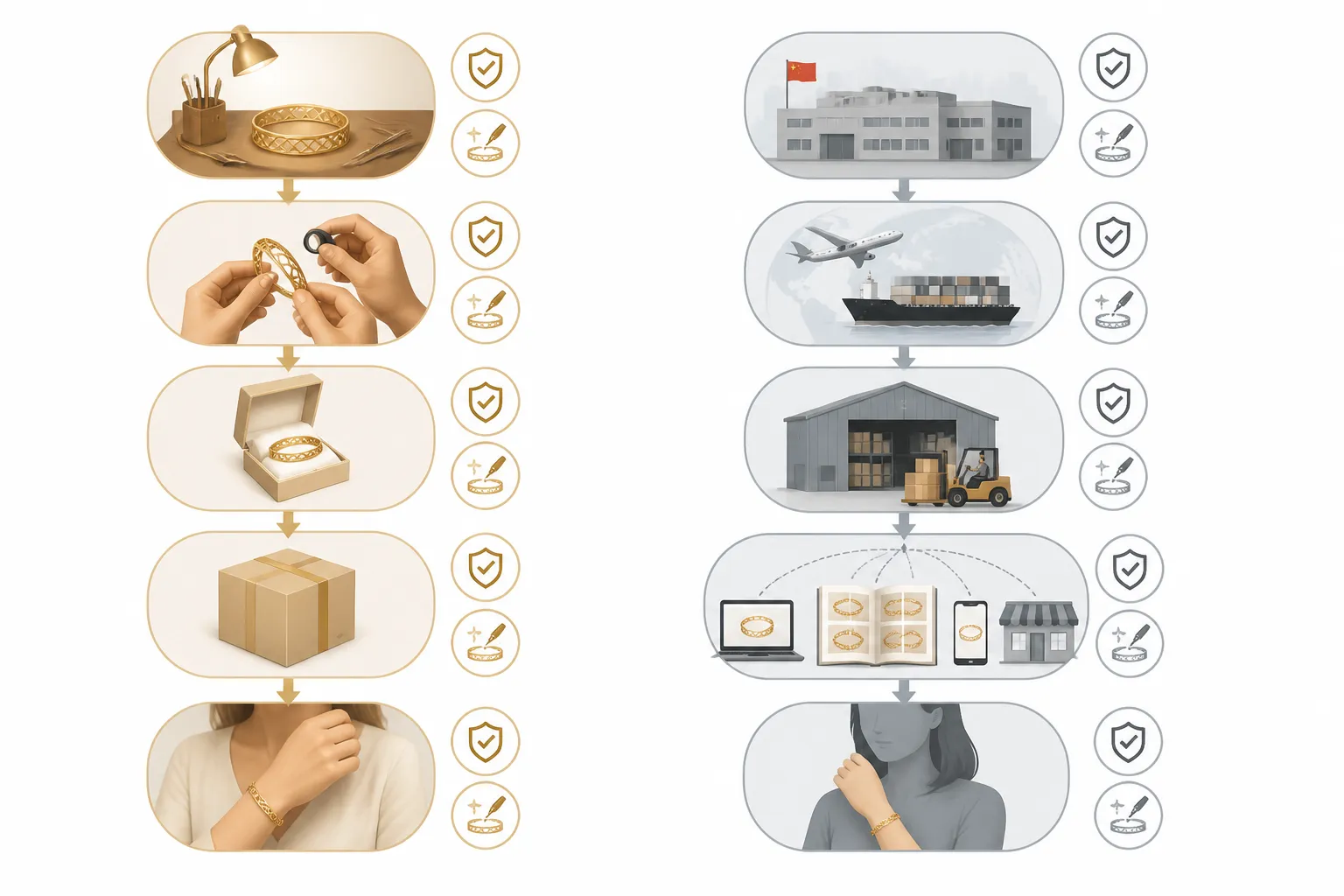 bracelet or femme - Diagramme en deux colonnes illustrant le processus d'achat Or massif (joaillier → client final) vs. Alternatives OEM (fournisseur Chine → importateur → catalogue multi-canal → client final), avec les étapes de contrôle qualité et de personnalisation