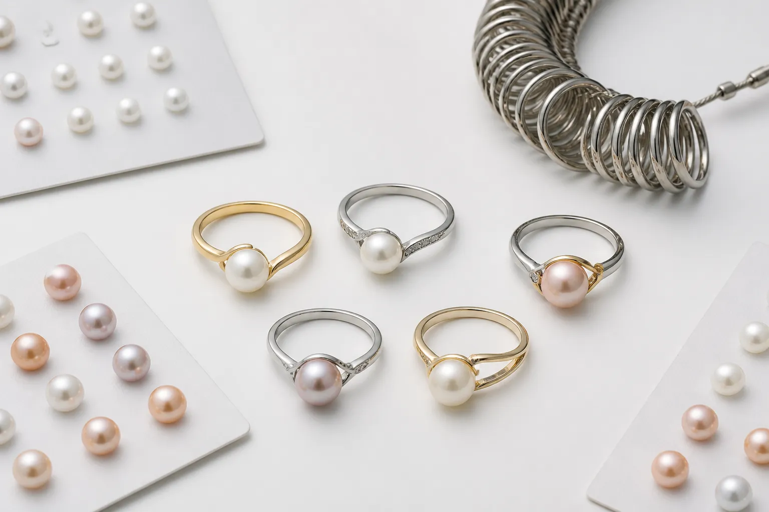 anillo perla - Fotografía de estudio editorial mostrando una selección de anillos perla en diferentes acabados — dorado, plateado y bicolor — junto a fichas de muestra de tipos de perla y una guía de tallas europea