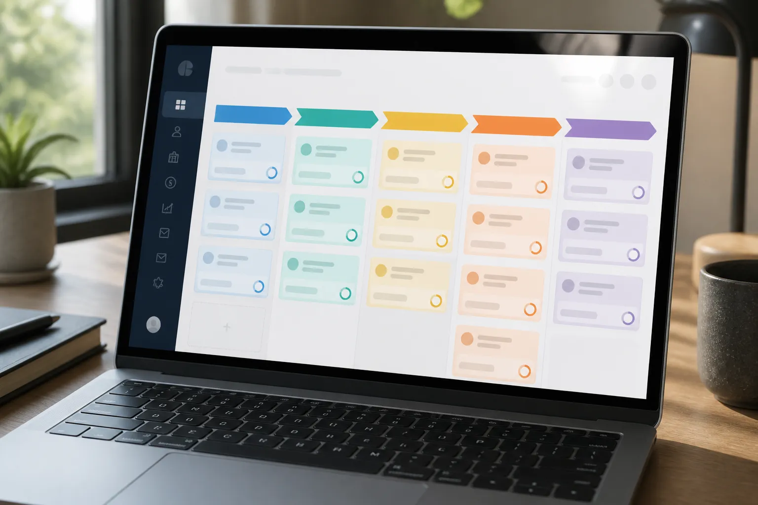 b2b sales examples - Annotated UI mockup of a B2B sales pipeline management interface on a laptop screen, showing horizontal deal-stage swimlanes labeled Prospect, Qualify, Demo, Proposal, Negotiation, Closed — with colored deal cards at each stage showing company name, deal value, and days-in-stage counter, clean dark sidebar navigation, soft natural daylight reflection on screen surface, realistic hardware context
