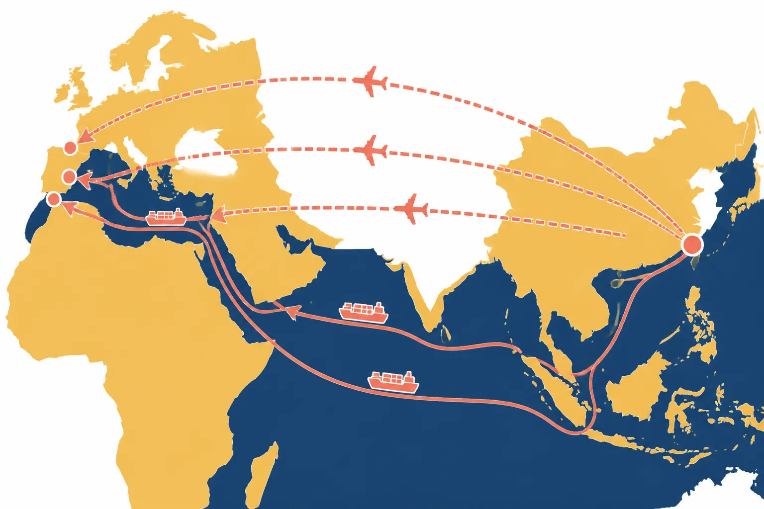comprar en china - Mapa de rutas de envío desde fábricas de bisutería en Hangzhou hasta los puertos españoles de Valencia, Barcelona y Algeciras, con tiempos estimados por vía marítima y aérea