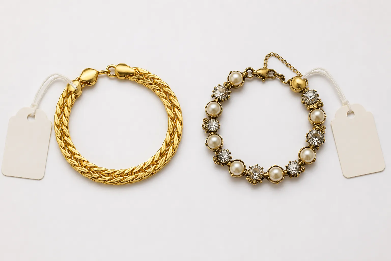 bracelet femme or - Comparaison côte à côte d'un bracelet femme en or massif 18 carats et d'un bracelet plaqué or vintage en perles et cristaux, sur fond blanc neutre avec étiquette de prix stylisée