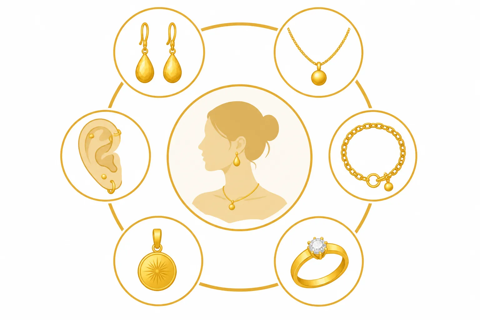 schmuck gold damen - Informational flat-design diagram showing six gold jewelry categories for women — earrings, necklace, bracelet, ring, pendant, piercing — arranged as labeled icons in a circular layout with warm gold and white color zones, simple geometric icons, clean sans-serif type, white background, no gradients