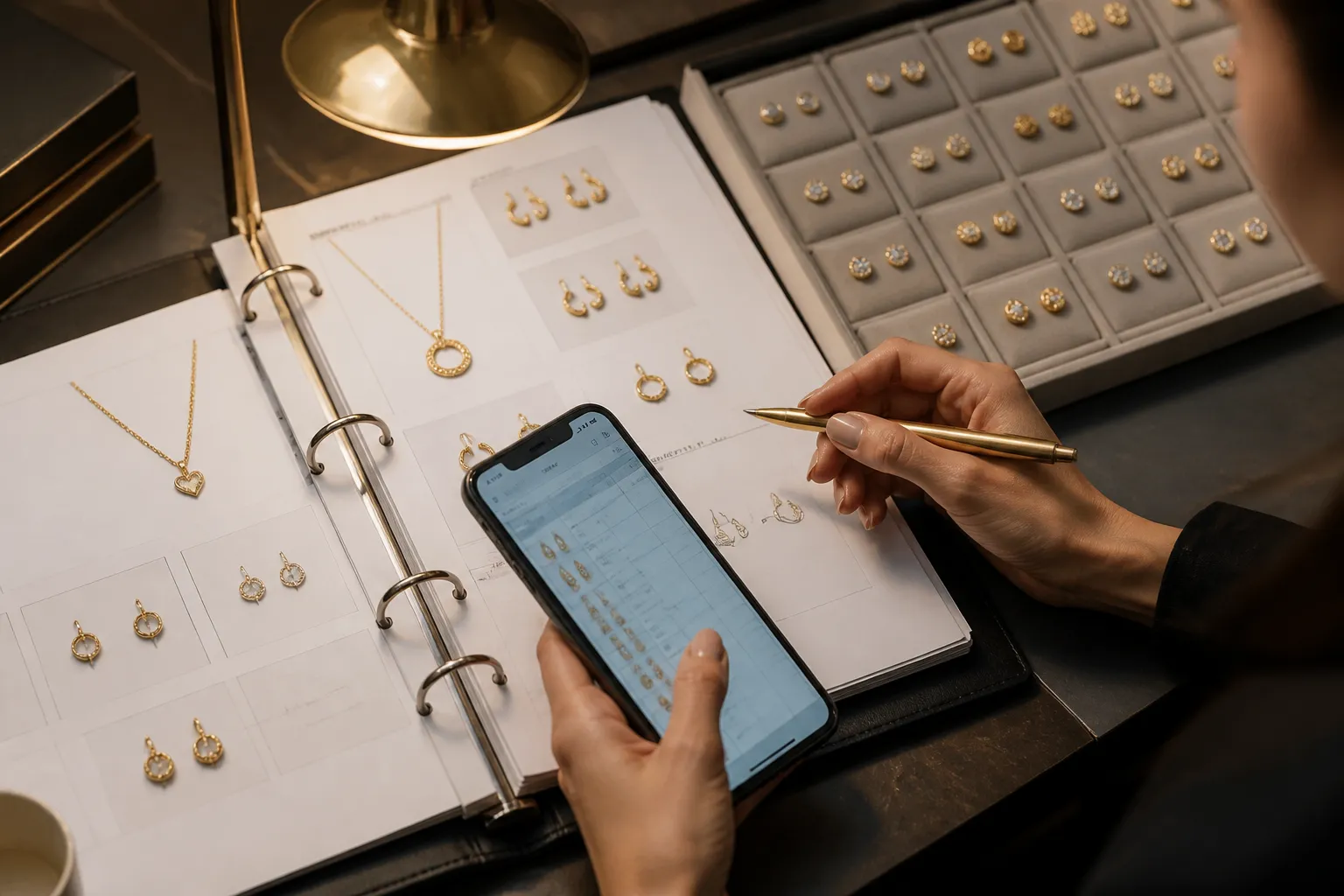 schmuck gold damen - Editorial top-down photo of a B2B jewelry sourcing workspace: open ring binder with product specification sheets showing gold earring and necklace samples, a smartphone displaying an order management interface, small gold-plated stud earring samples arranged in a tray, warm focused desk lamp, authentic procurement environment without staged props