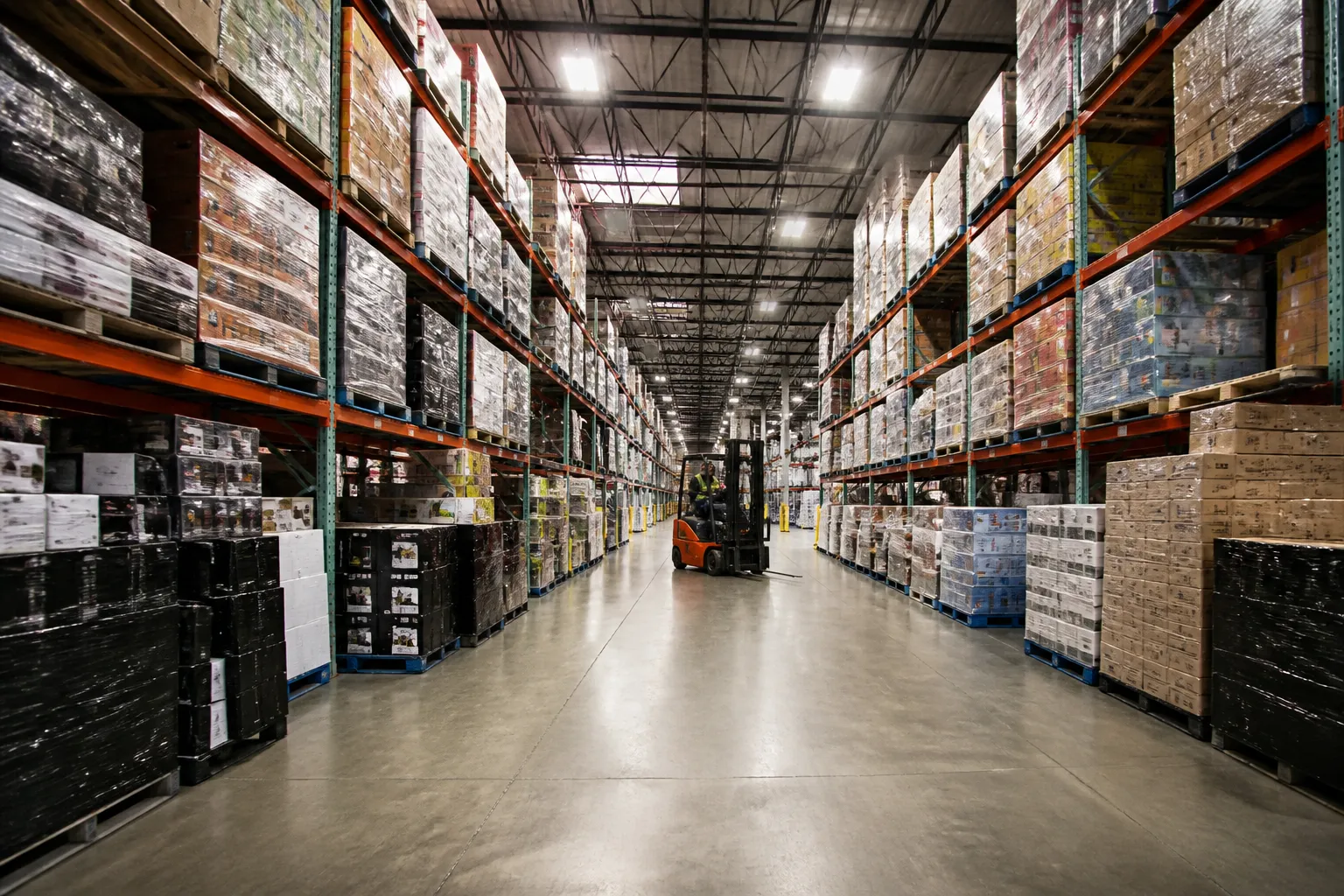 wholesale suppliers in usa - Editorial photo of a US warehouse distribution center with pallets of mixed wholesale goods organized by category, illustrating the scale of domestic wholesale logistics