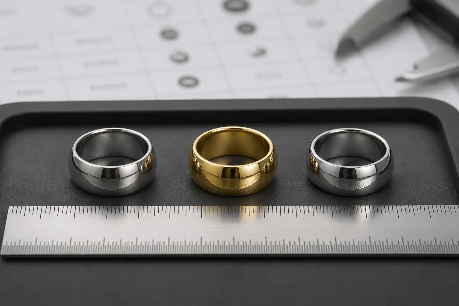 bague acier inoxydable - Photo éditoriale de bagues en acier inoxydable 316L disposées sur un plateau de présentation professionnel — finition miroir, PVD doré et rhodié côte à côte — avec une règle graduée indiquant les dimensions et une fiche d'inspection qualité visible en arrière-plan