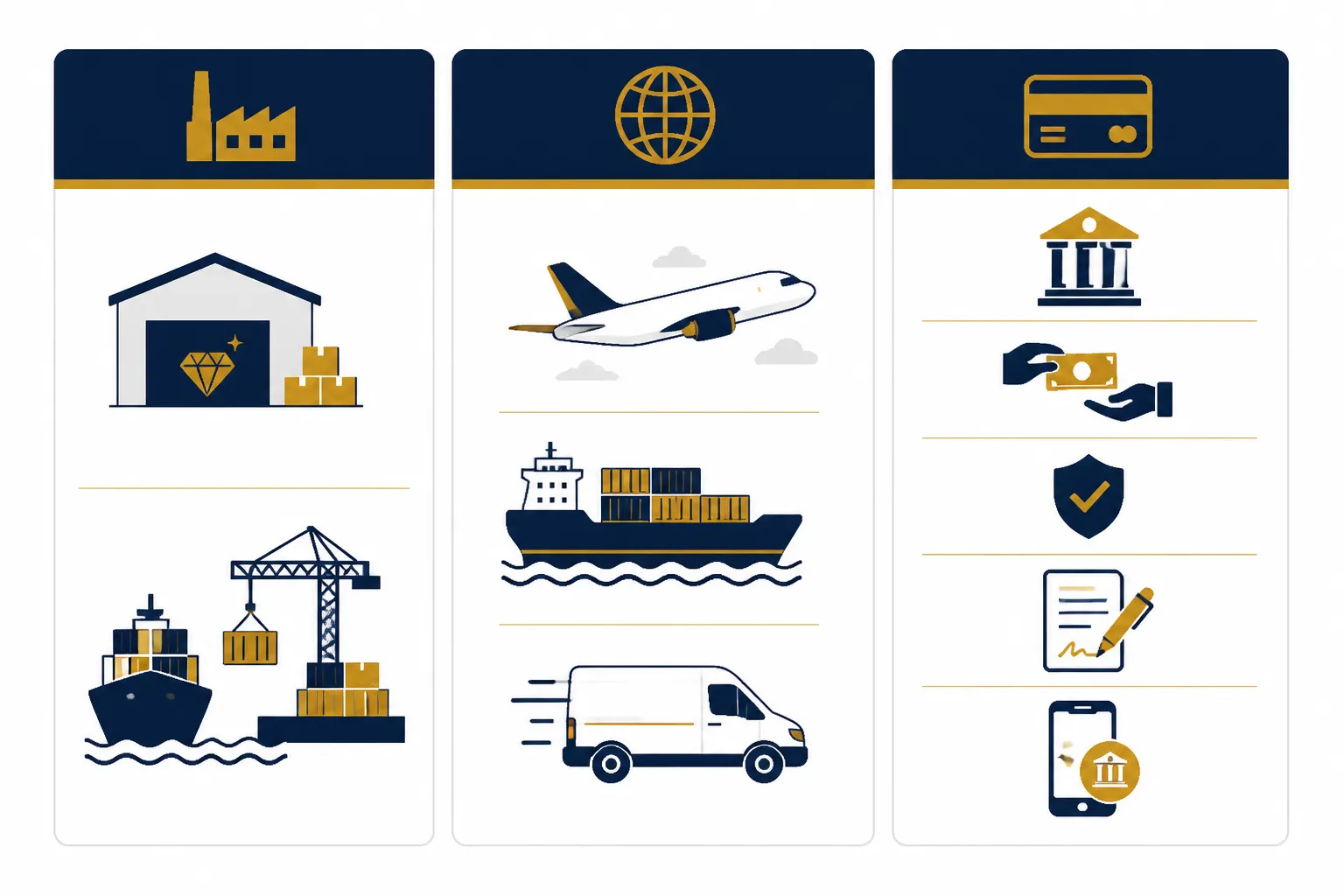 custom jewelry - Informational diagram showing STRAND's trade term options (EXW vs FOB), shipping methods (air / sea / express), and payment methods (T/T, PayPal, L/C, Western Union, Xtransfer) in a clean visual reference format for procurement teams