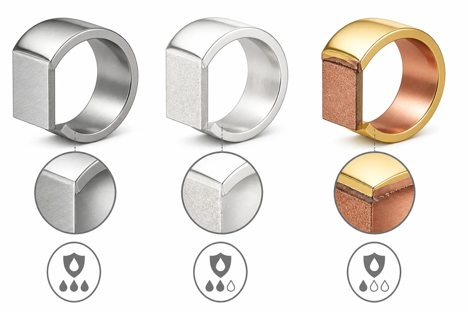 bague acier inoxydable - Diagramme annoté en coupe transversale comparant trois structures de bague — acier inoxydable 316L massif, argent 925, et cuivre avec couche PVD dorée — avec légendes indiquant les épaisseurs, les points de fragilité et les seuils de résistance à l'humidité