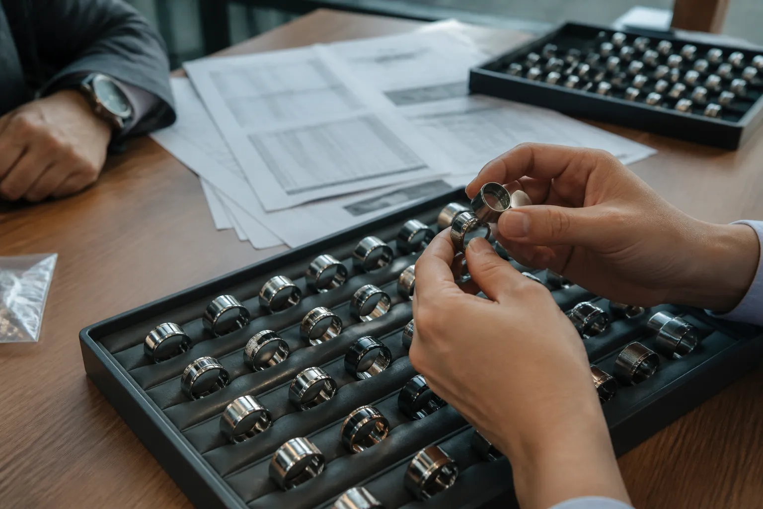 bague acier inoxydable - Photo de salle d'achat professionnelle avec des échantillons de bagues acier inoxydable disposés sur un présentoir, un acheteur tenant une loupe d'inspection bijoutier, et des documents de devis fournisseur visibles sur la table — contexte B2B sourcing