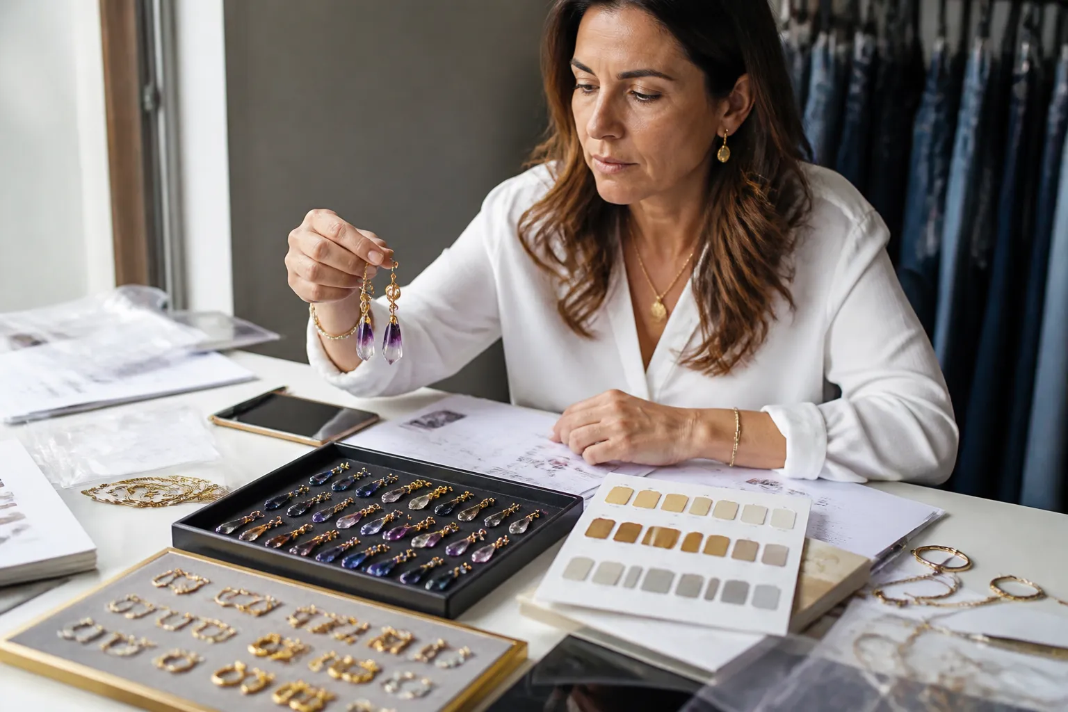 mayorista china - Fotografía editorial de una compradora española revisando muestras de pendientes de cristal graduado y bisutería chapada sobre una mesa de trabajo, con documentación de pedido y muestras de color de acabado