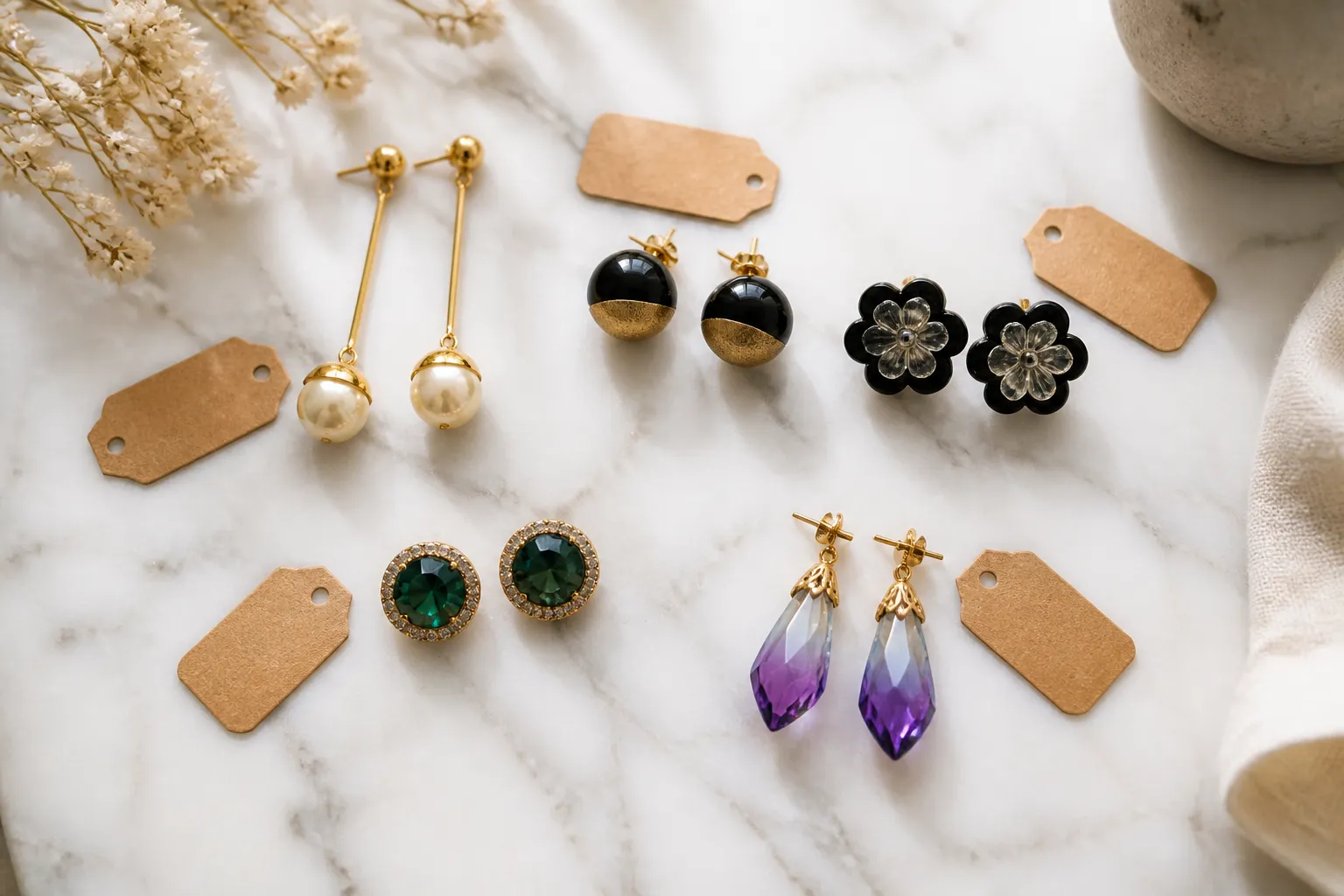 schmuck ohrringe - Editorial flat-lay photo on a warm marble surface showing a curated selection of five distinct earring pairs — pearl bar drop studs in gold, black two-tone spherical studs, vintage black flower glass studs, green rhinestone studs, and gradient crystal drop earrings. Soft natural daylight from above-right, small kraft paper tags attached to each pair, artisan-workshop feel without clutter.