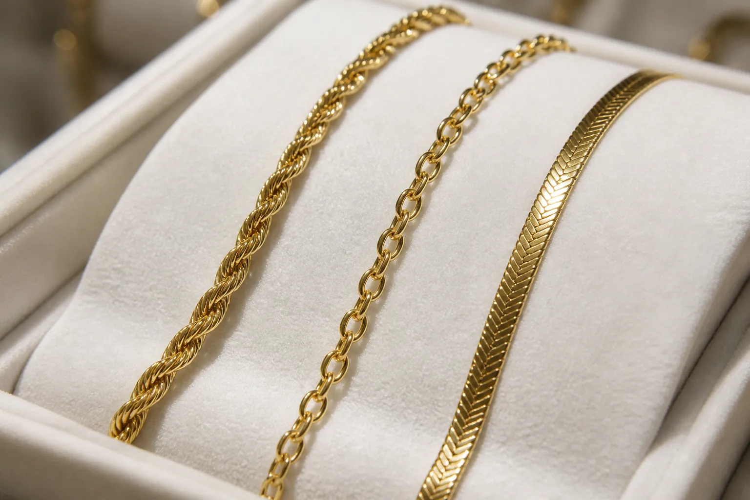 14k gold necklaces wholesale - Photorealistic close-up editorial photo of a curated tray of 14K solid gold necklaces — rope chain, cable chain, and herringbone styles — arranged on white velvet in a jewelry showroom, warm directional lighting casting fine shadows, shallow depth of field emphasizing craftsmanship texture