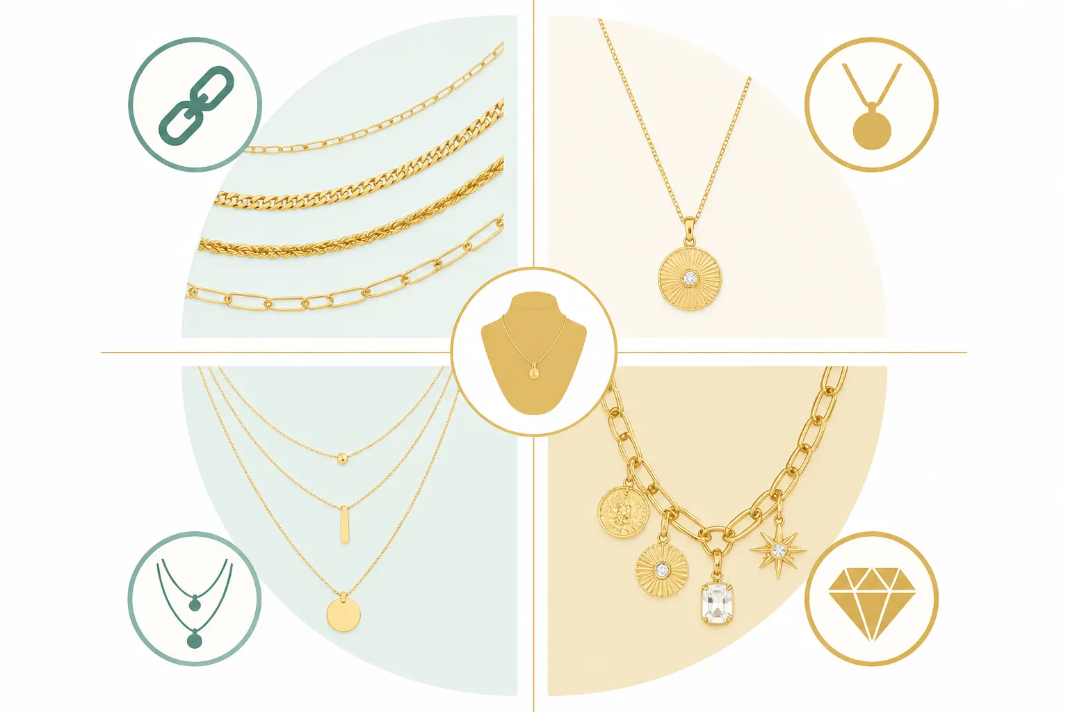 14k gold necklaces wholesale - Clean flat-design infographic diagram showing the four main 14K gold necklace wholesale product categories — chain styles, pendant necklaces, layering sets, and statement pieces — arranged in a quadrant layout with a distinct icon and brief label per category, teal and warm gold color palette, white background, no decorative elements