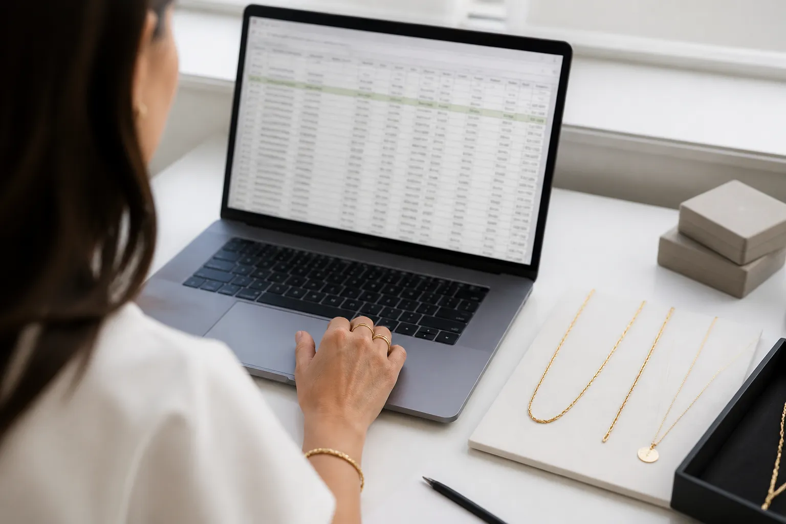 14k gold necklaces wholesale - Photorealistic over-the-shoulder shot of a jewelry procurement manager reviewing a wholesale order dashboard on a laptop, spreadsheet showing SKU codes, karat, unit costs, and lead times, 14K gold necklace samples laid out on desk beside laptop, natural window light, clean workspace