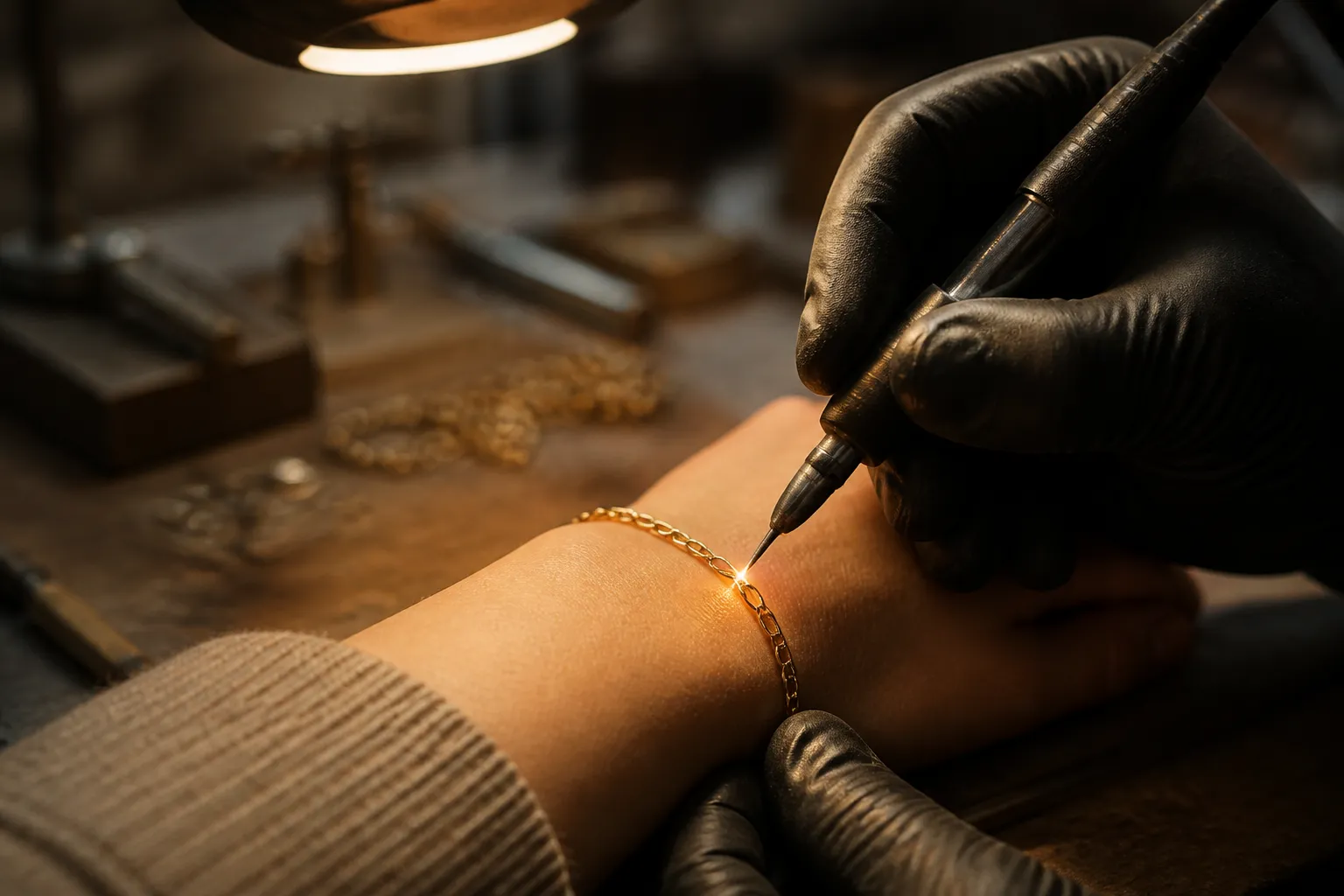 orion mpulse permanent jewelry welder - Photorealistic close-up of a jeweler's gloved hand using a stylus-style pulse arc welder to fuse a delicate gold chain link directly on a customer's wrist, jewelry studio with warm pendant lighting, shallow depth of field on the weld point, authentic workshop environment