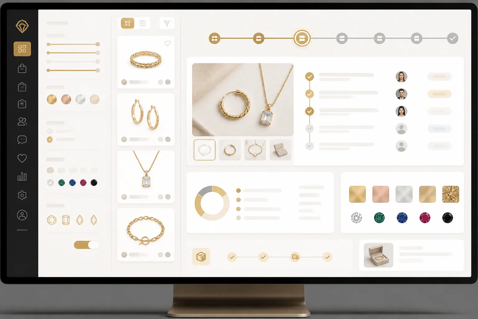 custom jewelry - Annotated screenshot mockup of B2B jewelry sourcing dashboard showing MOQ filters, material spec sheets, and real-time sample request workflow