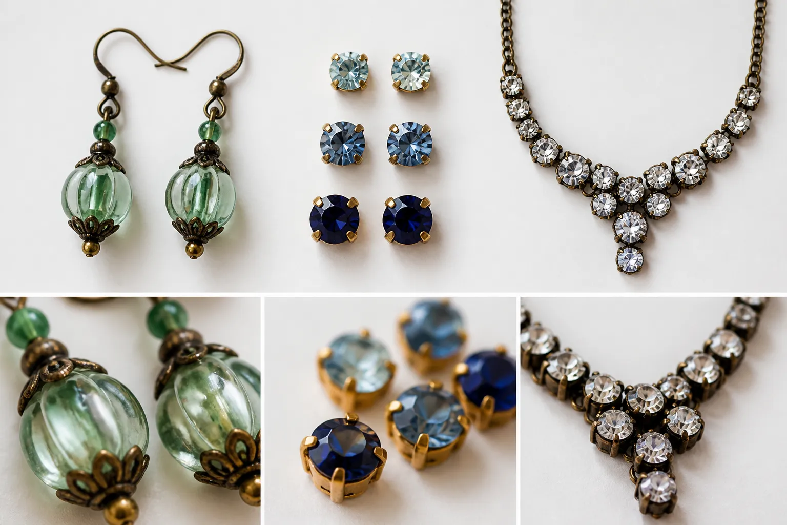 custom jewelry - Editorial flat lay photograph comparing vintage glass bead drop earrings, gradient crystal stud set, and rhinestone necklace arrangement with material callouts and plating finish close-ups