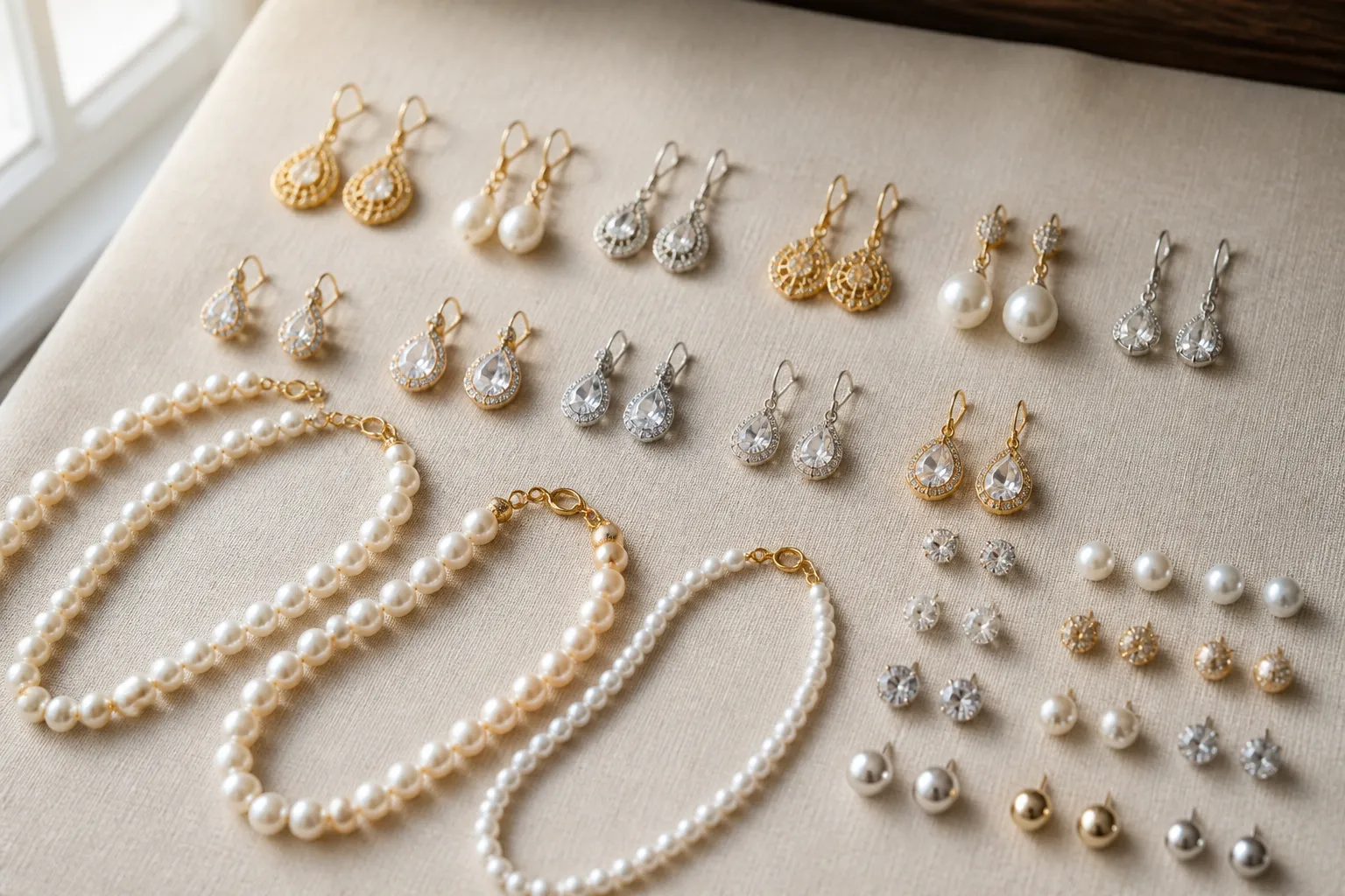 bijoux pas cher - Photorealistic flat-lay of assorted affordable jewelry pieces — drop earrings, pearl necklaces, rhinestone stud sets — arranged in neat rows on a pale linen surface, natural window light from the left, shallow depth of field on foreground pieces, documentary photography style