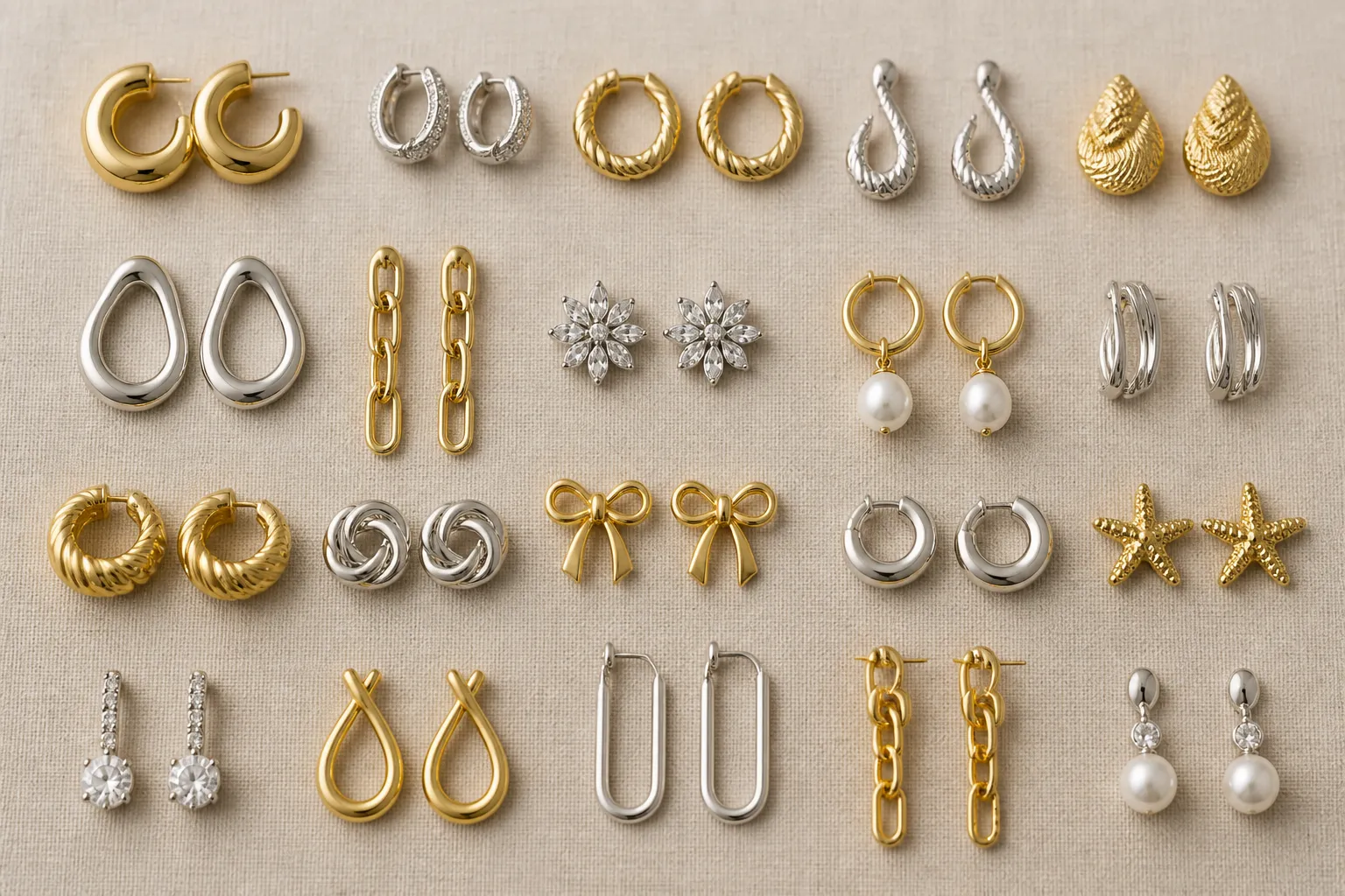 aranceles china - Foto editorial de una selección de pendientes de bisutería de mayorista — distintos estilos en baño dorado y rodio blanco, dispuestos sobre una superficie neutra para catálogo