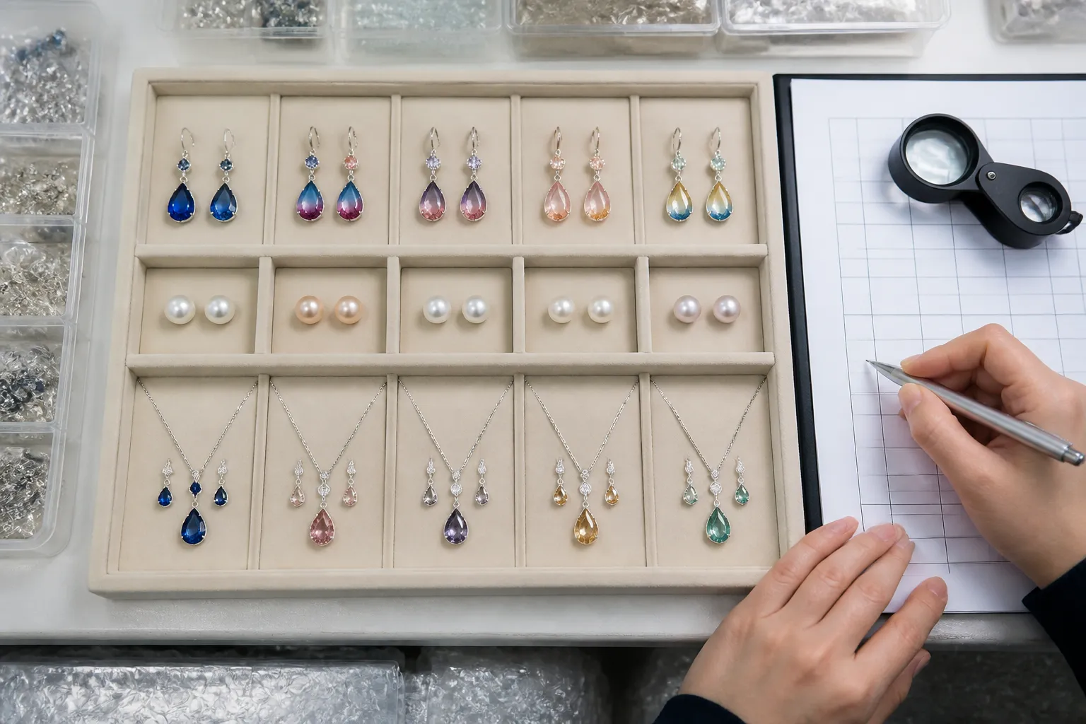 bijoux pas cher - Editorial top-down photo of a quality inspection tray with sample jewelry pieces arranged in two rows — drop earrings with gradient crystals, pearl stud pairs, rhinestone necklace sets — alongside a magnifying loupe and a printed inspection form with checkboxes, natural daylight from above, authentic procurement context